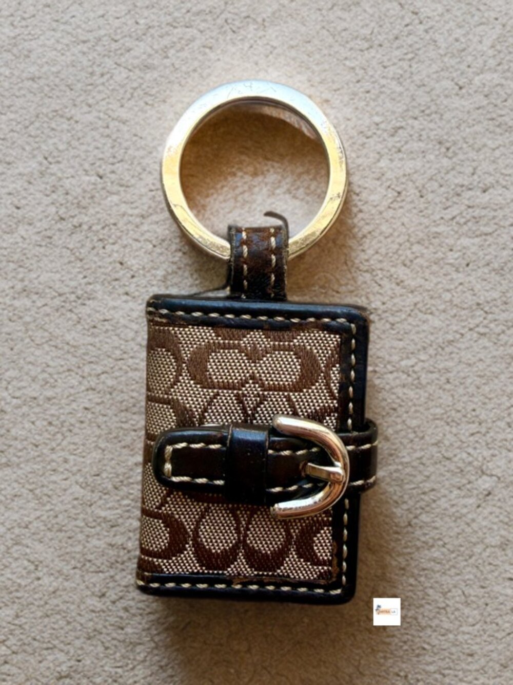 Coach Brown Signature Leather Trim Photo Frame Picture Holder Key Ring